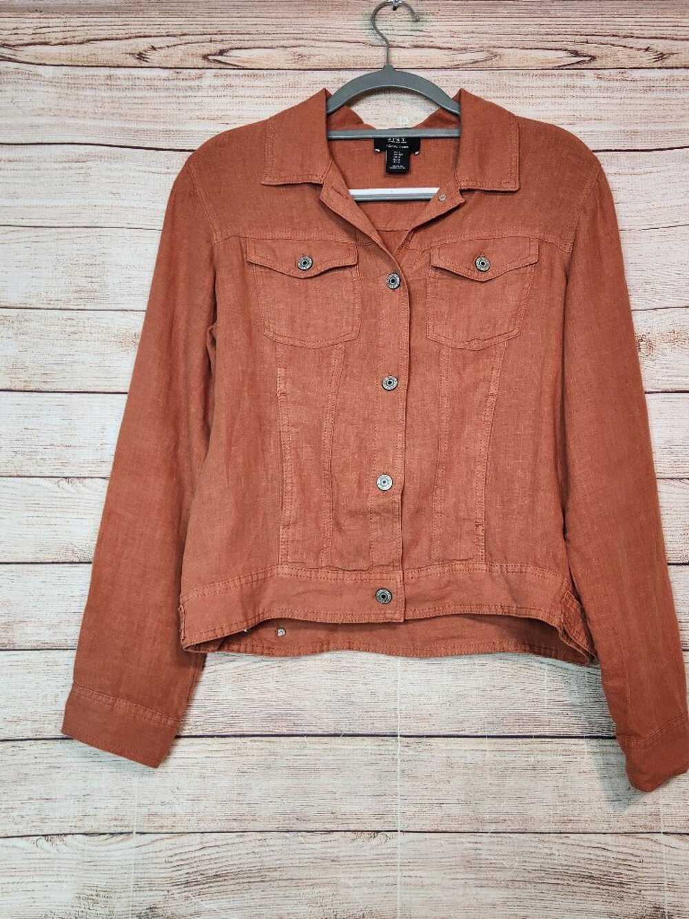 Jones New York Shacket 100% Linen Brown Women's S Lightweight Coastal Pockets